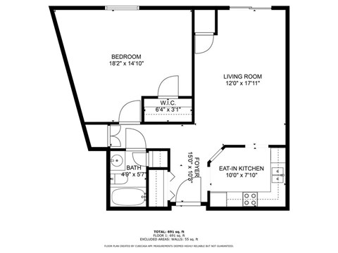 Floor plan for 1 bed, 1 bath, 652 sqft